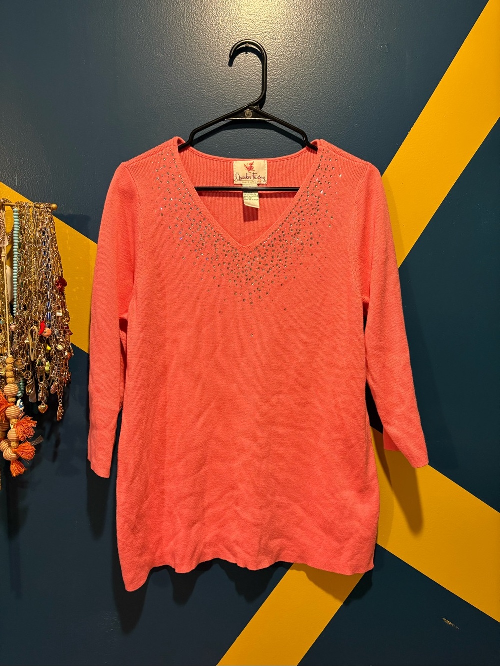 Quacker Factory Hot PInk V-Neck Rhinestone Embellished Sweater NWOT